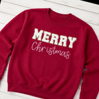 White & Gold Merry Christmas Sweatshirt. Shown in: Gildan • Cardinal Red.