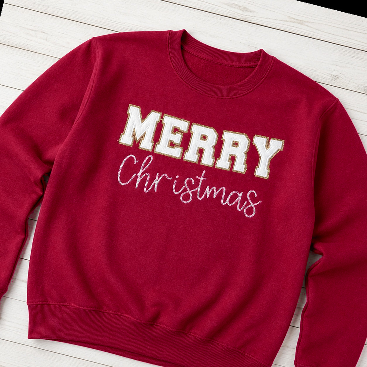 White & Gold Merry Christmas Sweatshirt. Shown in: Gildan • Cardinal Red.