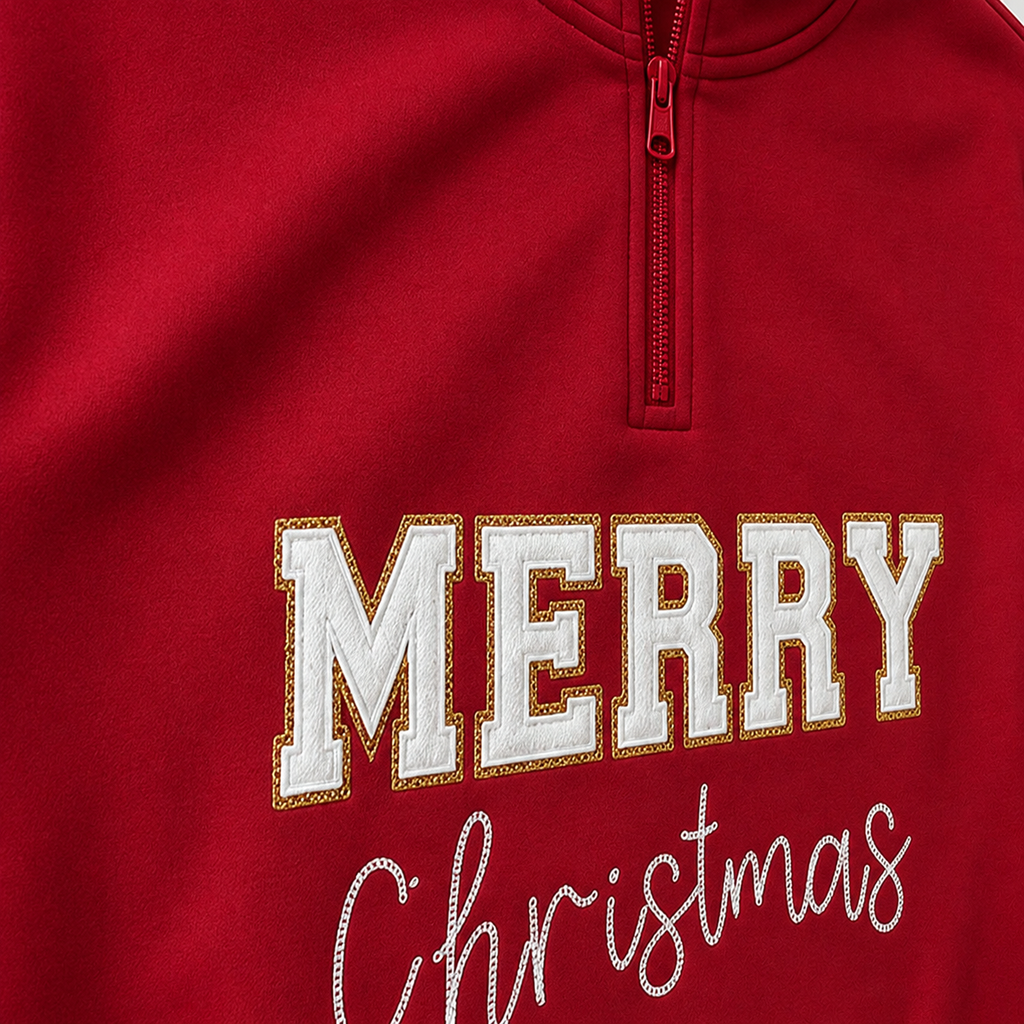 White and gold Merry Christmas applique close-up on Gildan 18810 Cherry Red