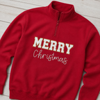 White and gold Merry Christmas flat lay on Gildan 18810 Cherry Red