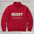 White and gold Merry Christmas design on Gildan 18810 Cherry Red quarter-zip; shown in Gildan Cherry Red