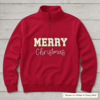 White and gold Merry Christmas design on Gildan 18810 Cherry Red quarter-zip; shown in Gildan Cherry Red
