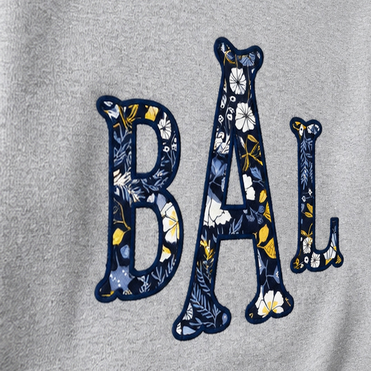 navy floral block monogram crewneck embroidery close-up