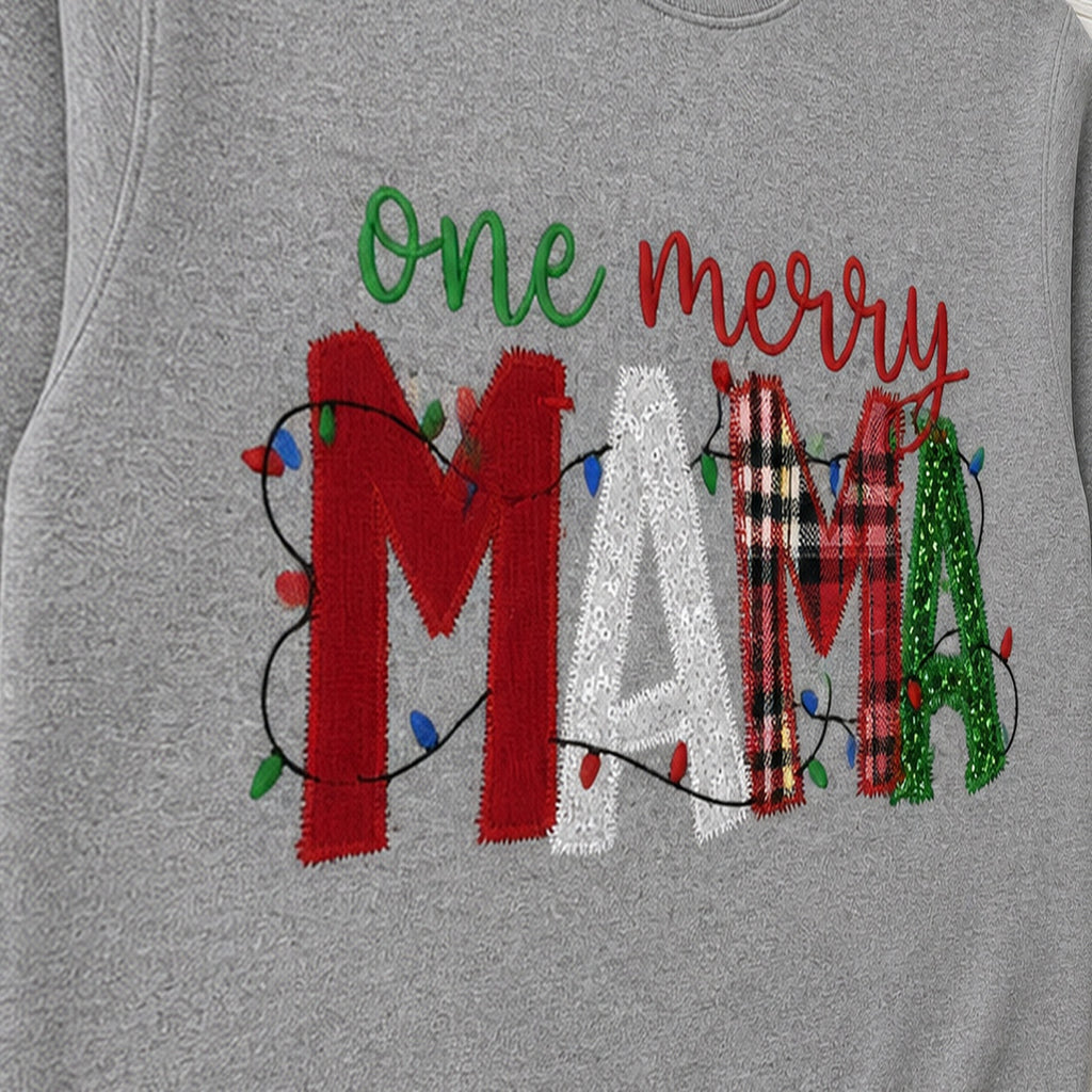 one merry mama crewneck embroidery close-up