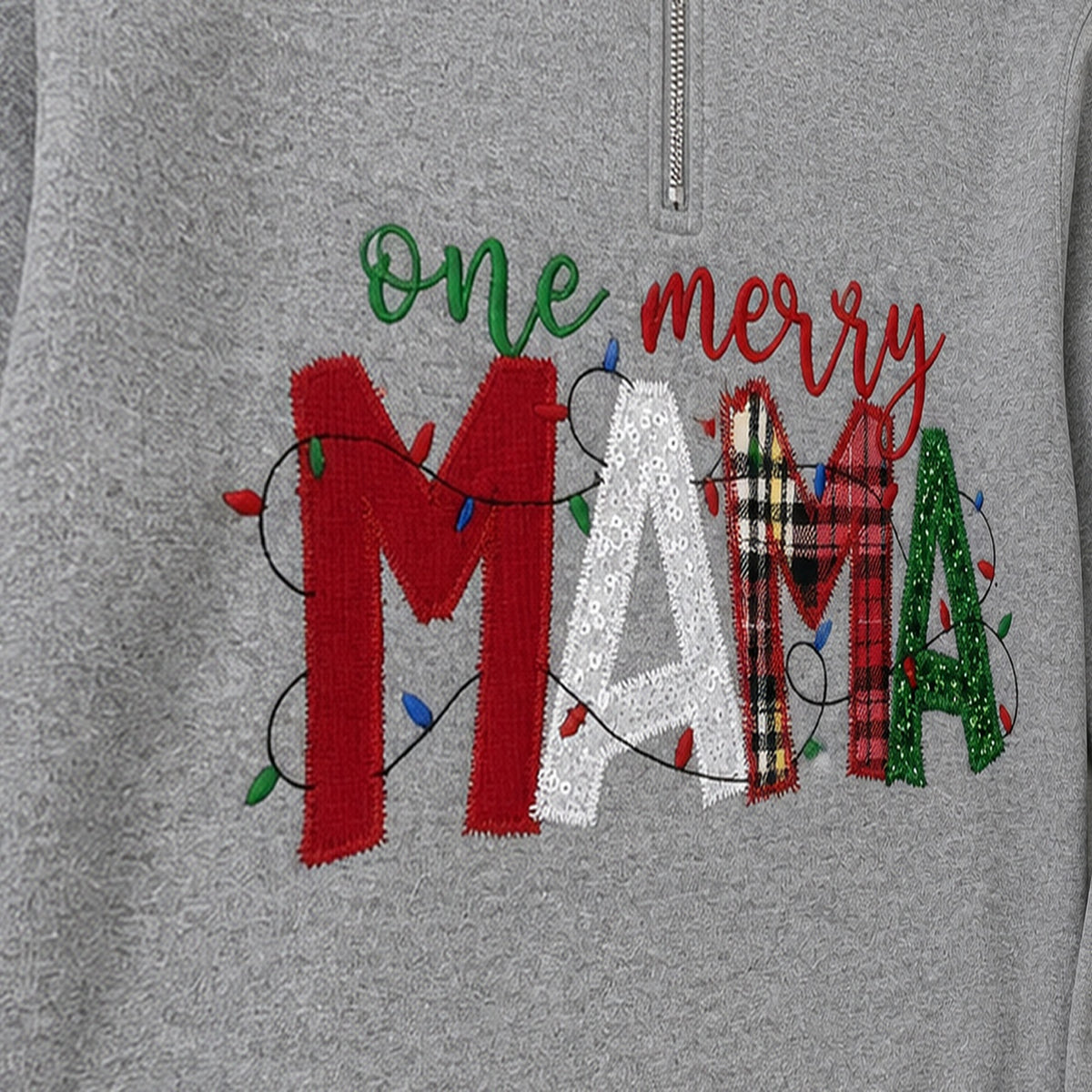 one merry mama quarter zip embroidery close-up
