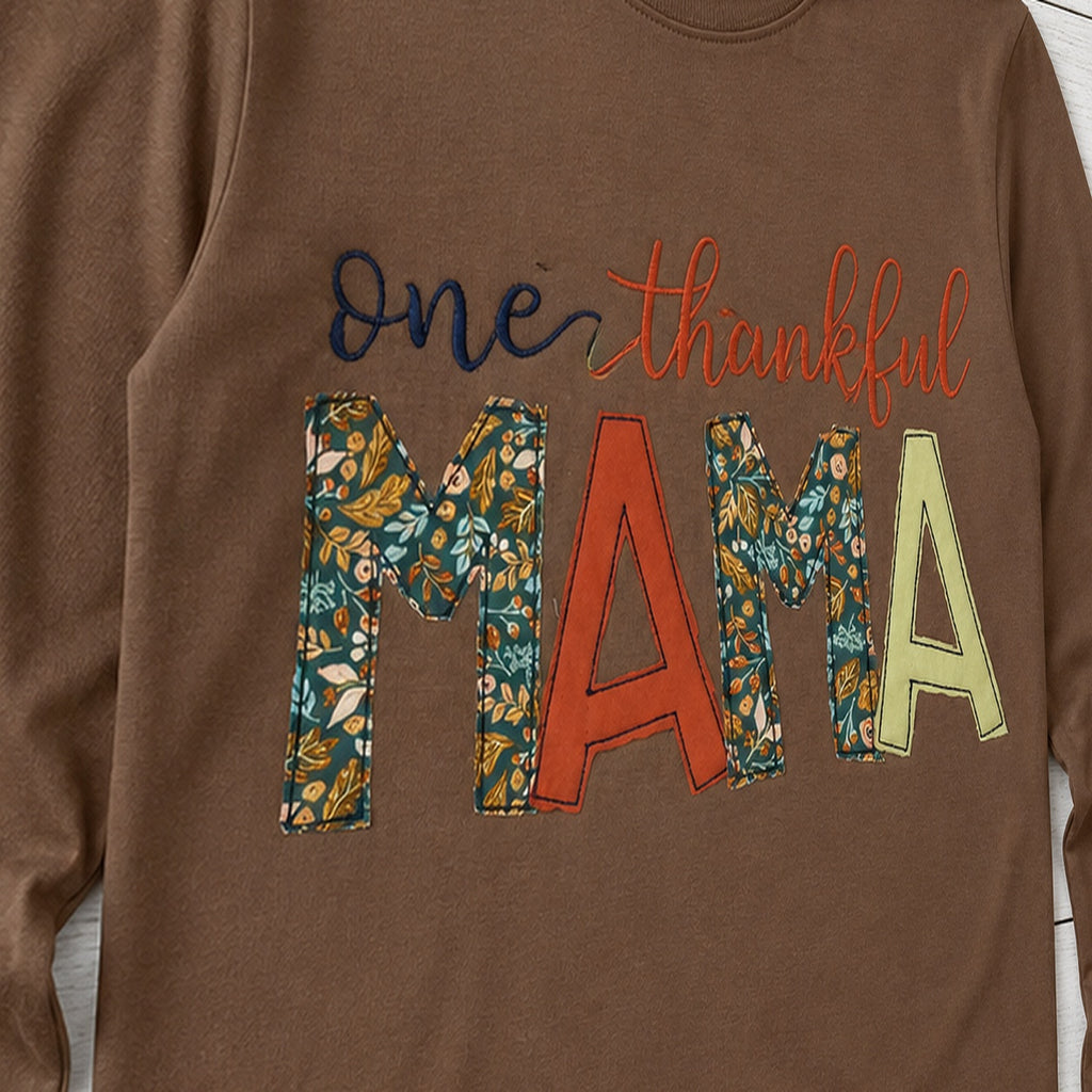 one thankful mama long sleeve embroidery close-up