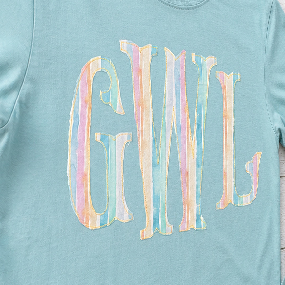 pastel stripe serif monogram long sleeve embroidery close-up