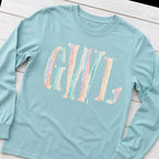 pastel stripe serif monogram long sleeve styled flat lay