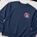 Custom floral chest monogram crewneck sweatshirt folded flat lay
