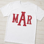 Angled flat lay of a white shirt with an upright red floral MAR monogram