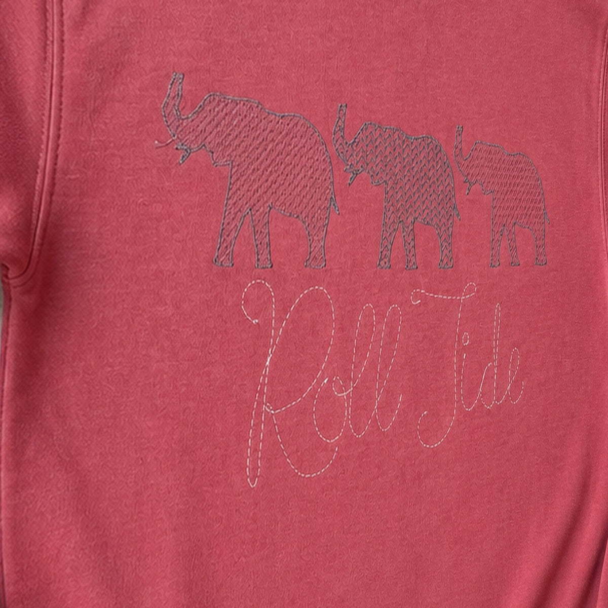 roll tide three elephants crewneck embroidery close-up