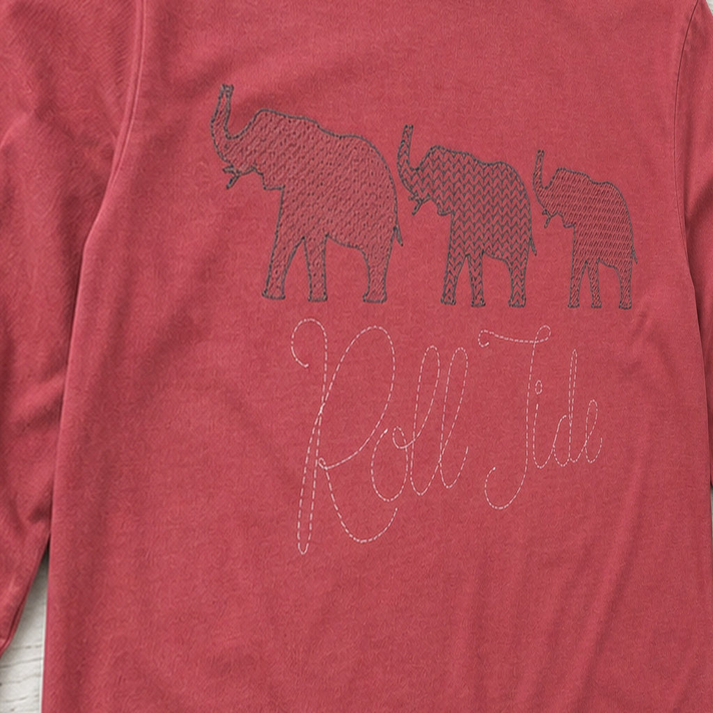 roll tide three elephants long sleeve embroidery close-up
