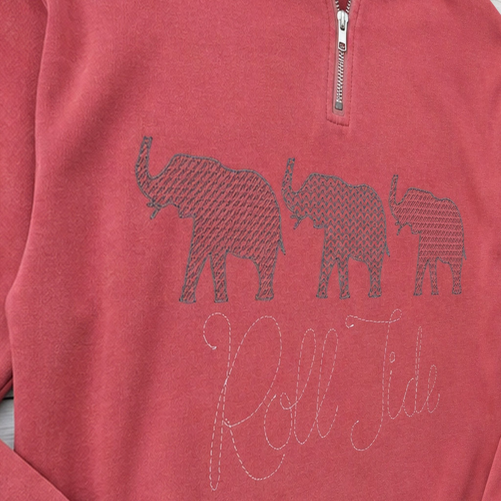 roll tide three elephants quarter zip embroidery close-up