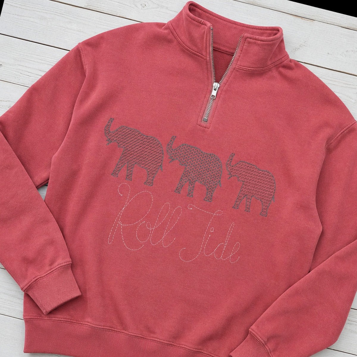 roll tide three elephants quarter zip styled flat lay