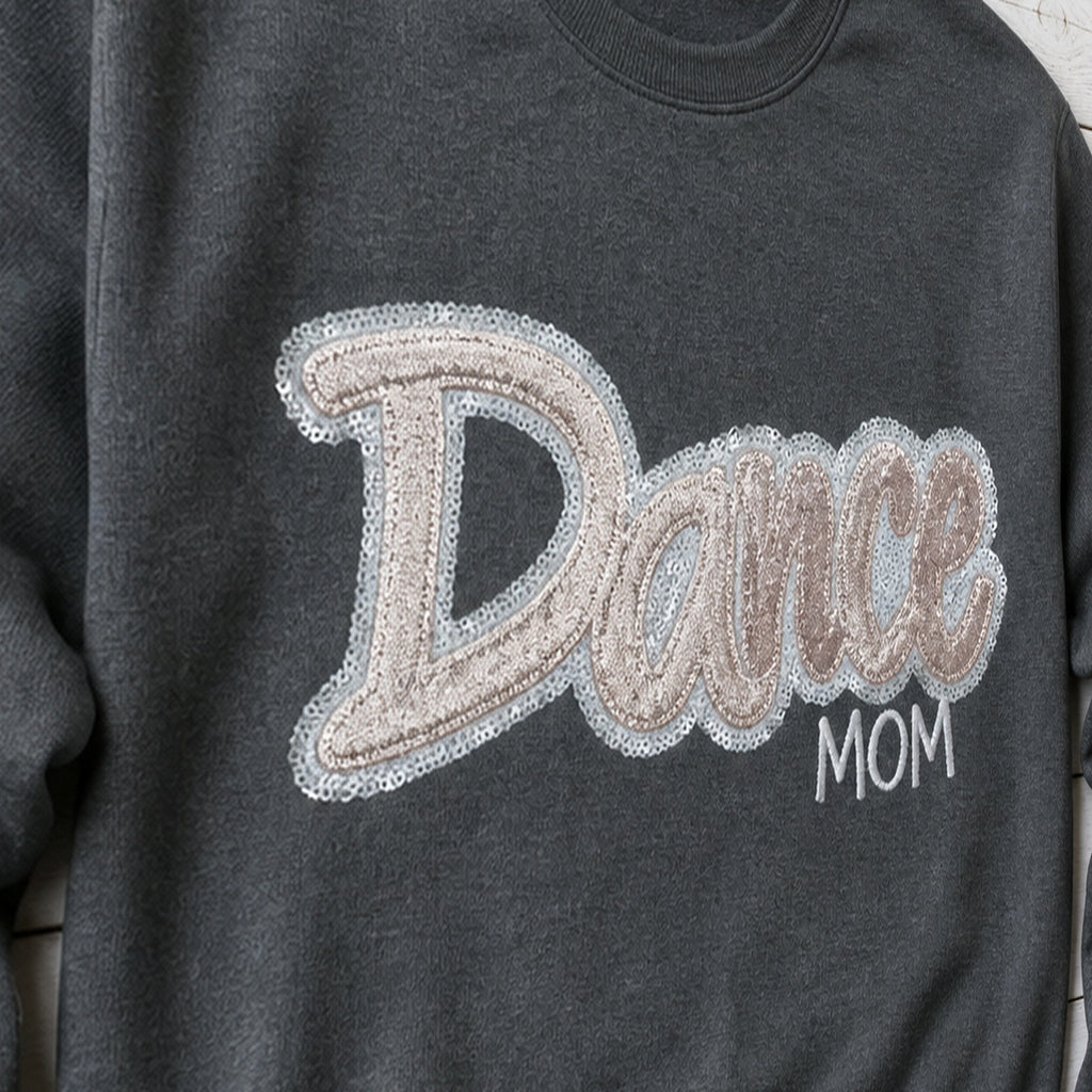 script glitter sequin crewneck embroidery close-up