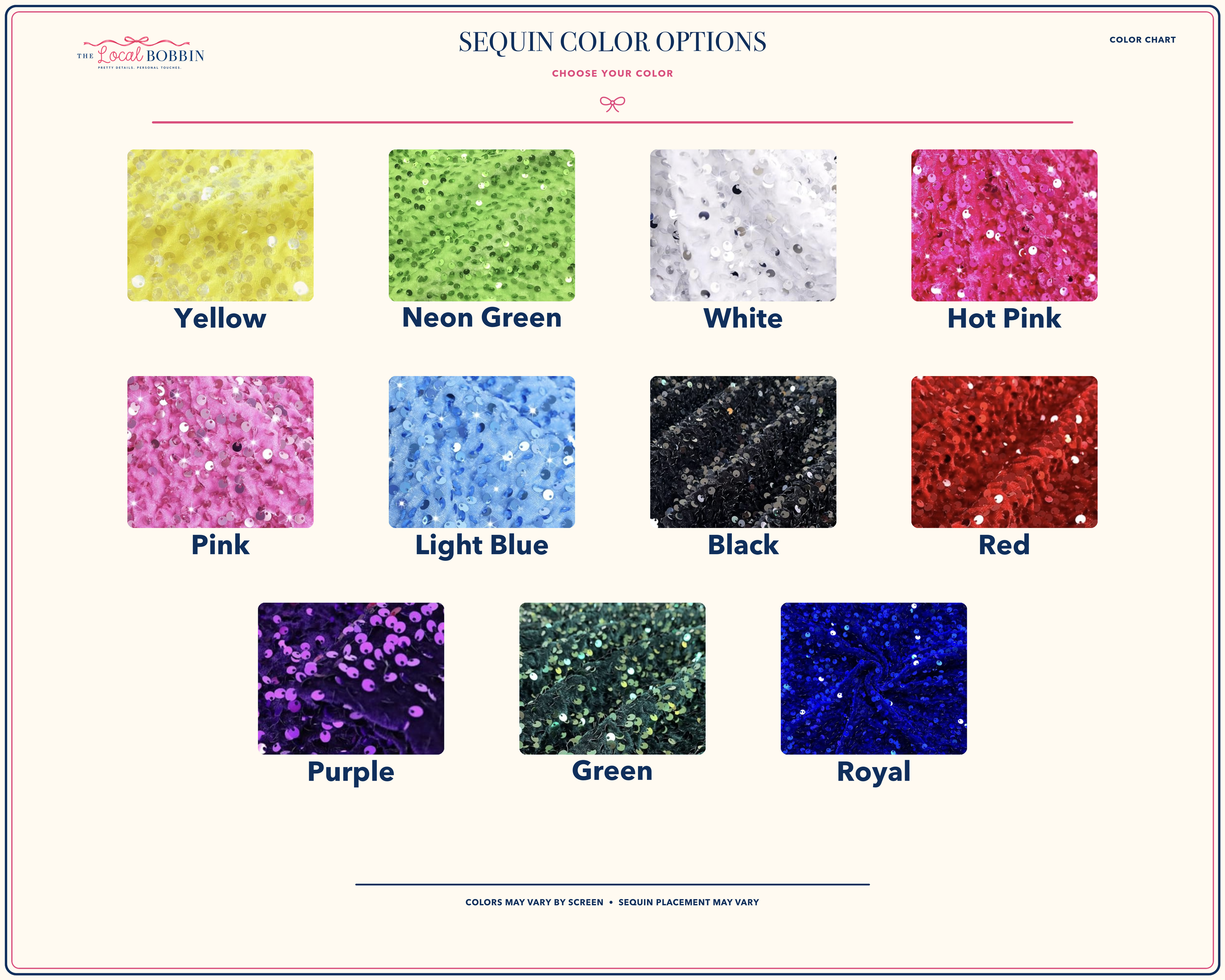 Sequin color options for custom sequin varsity shirts