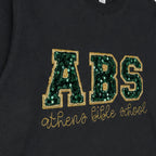 Close-up of the embroidered design on a custom sequin varsity long sleeve shirt