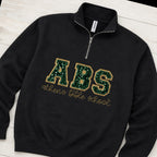 Custom sequin varsity quarter zip pullover folded flat lay