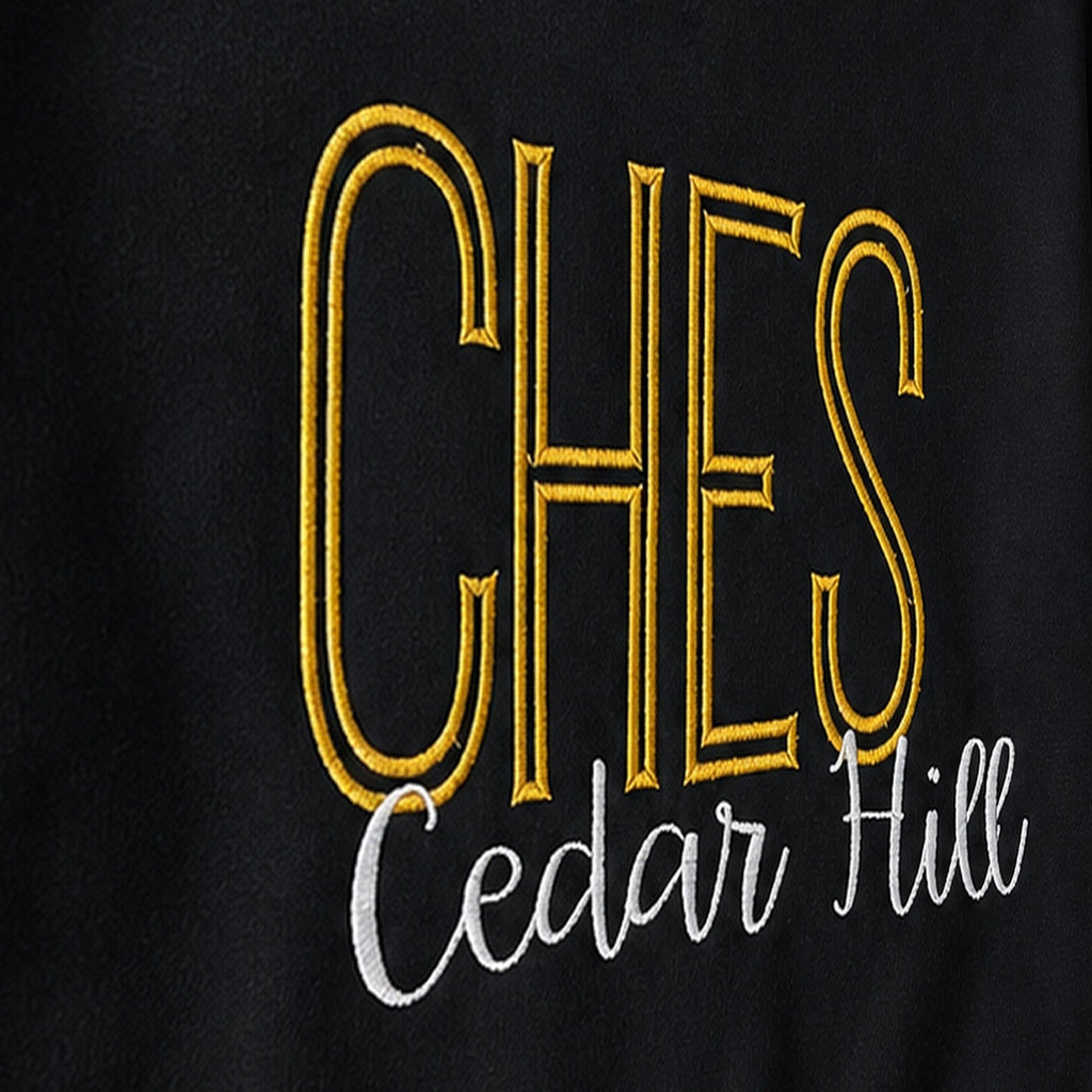 tall school initials script crewneck embroidery close-up