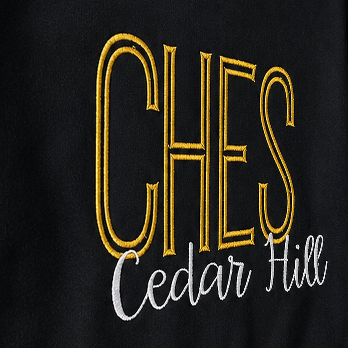 tall school initials script crewneck embroidery close-up