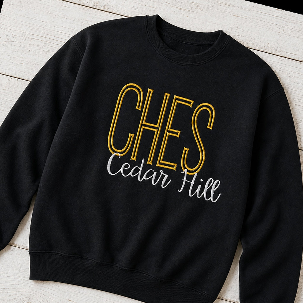 tall school initials script crewneck styled flat lay