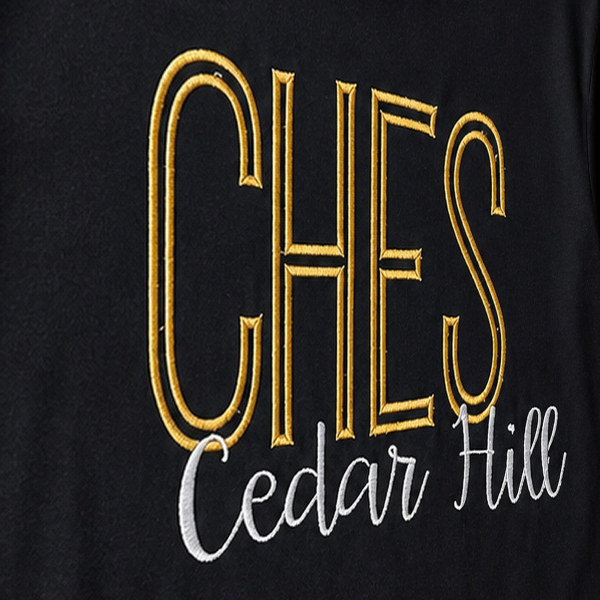 tall school initials script long sleeve embroidery close-up