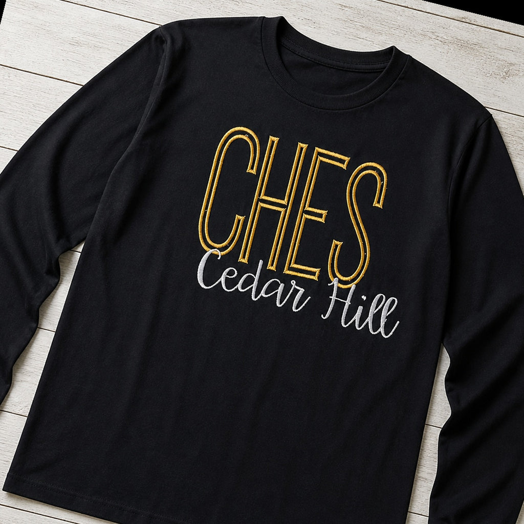 tall school initials script long sleeve styled flat lay