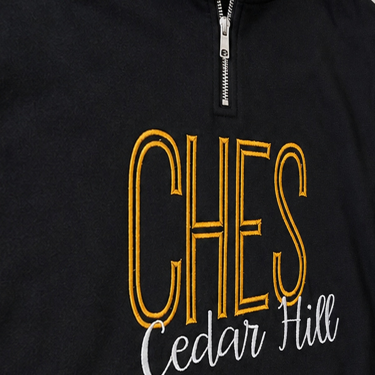 tall school initials script quarter zip embroidery close-up