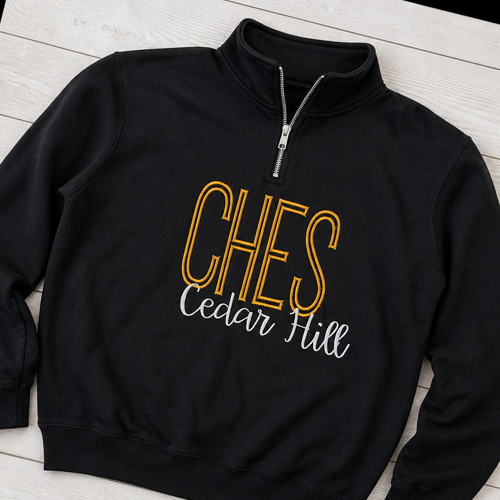 tall school initials script quarter zip styled flat lay