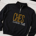 tall school initials script quarter zip styled flat lay
