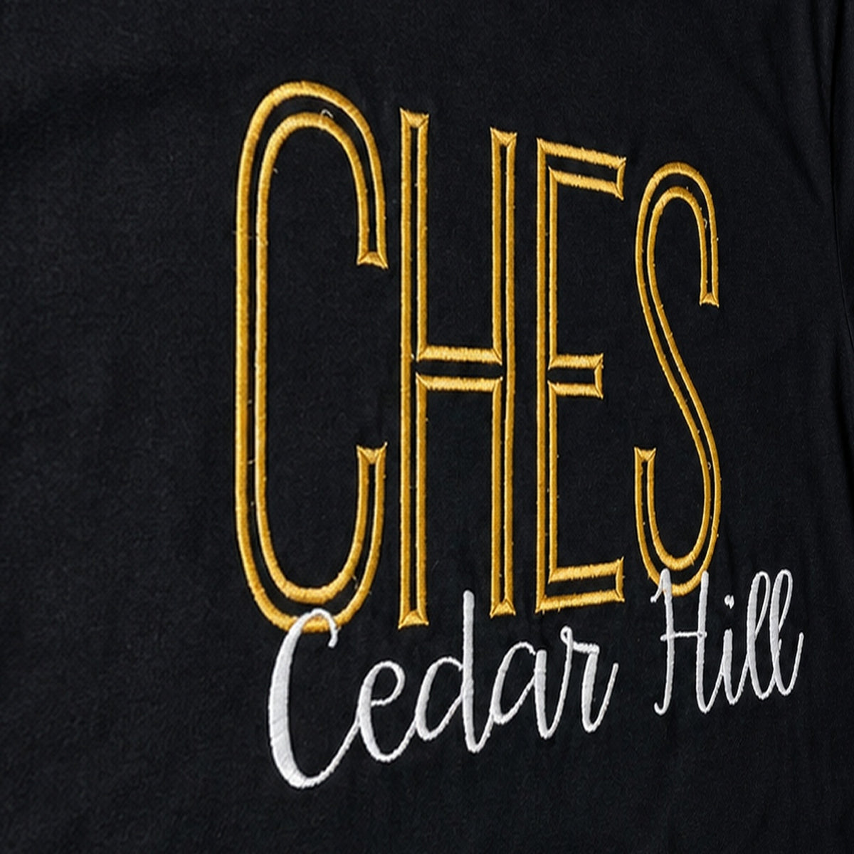 tall school initials script short sleeve embroidery close-up