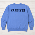 Back of cornflower blue crewneck with navy VANDIVER varsity applique