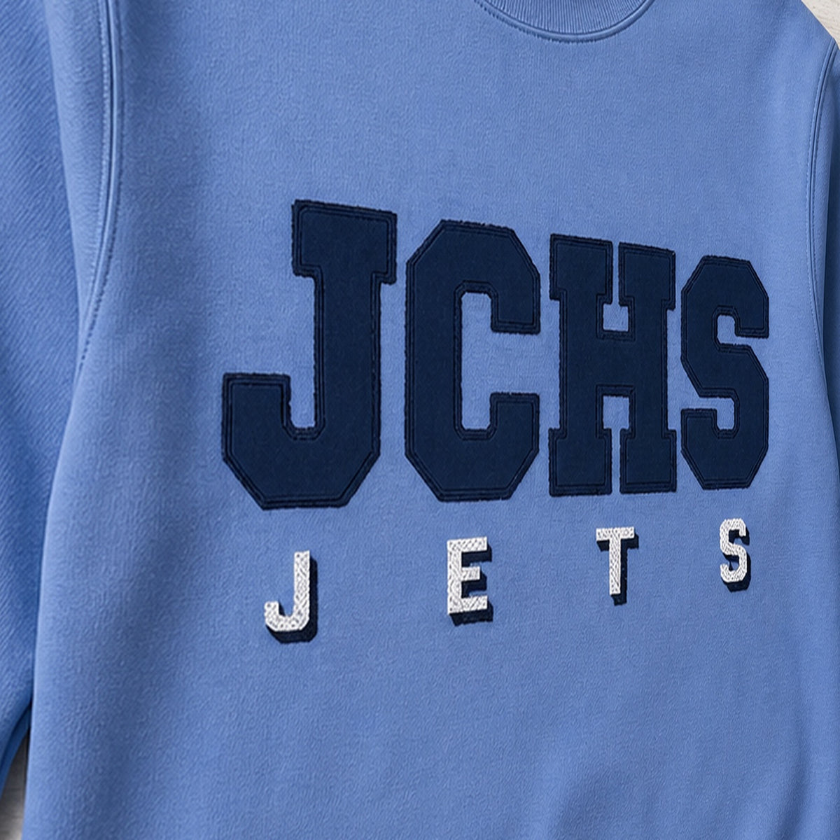 team lettering back name crewneck embroidery close-up