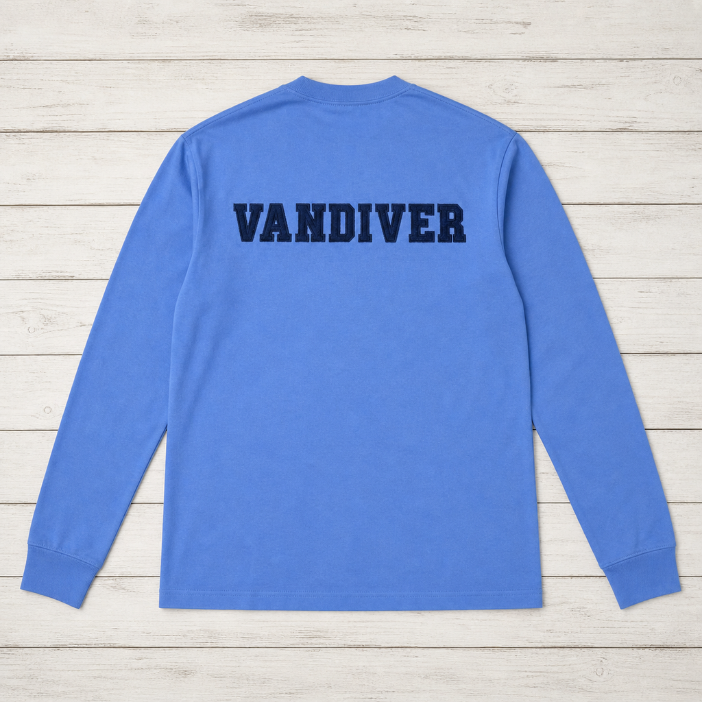 Back of cornflower blue long-sleeve with navy VANDIVER varsity applique