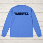 Back of cornflower blue long-sleeve with navy VANDIVER varsity applique