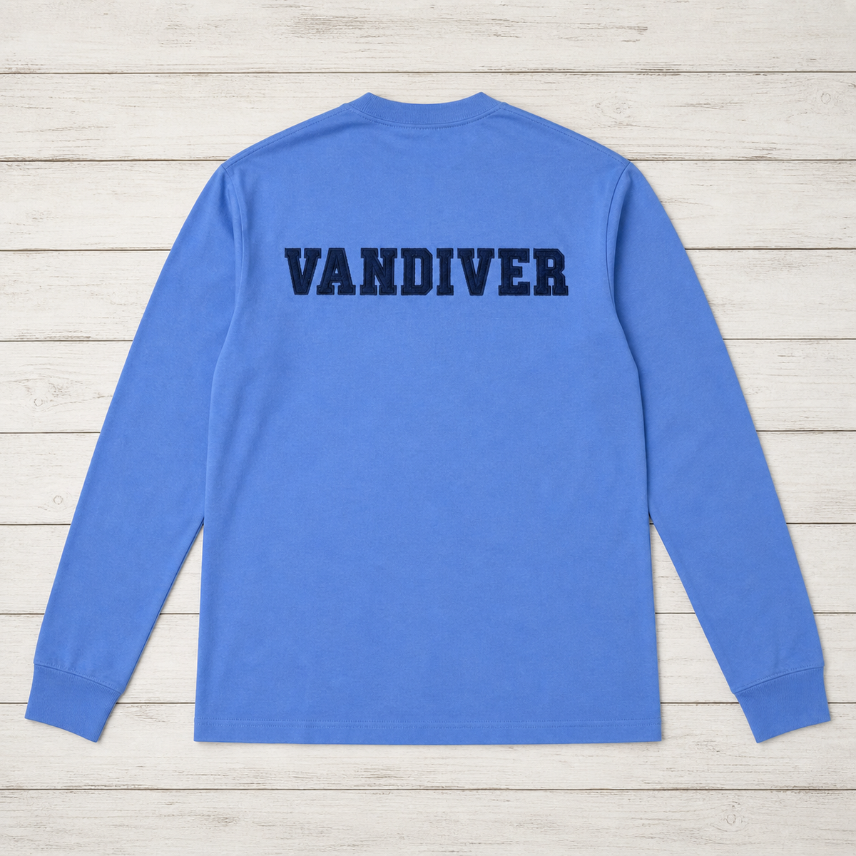 Back of cornflower blue long-sleeve with navy VANDIVER varsity applique