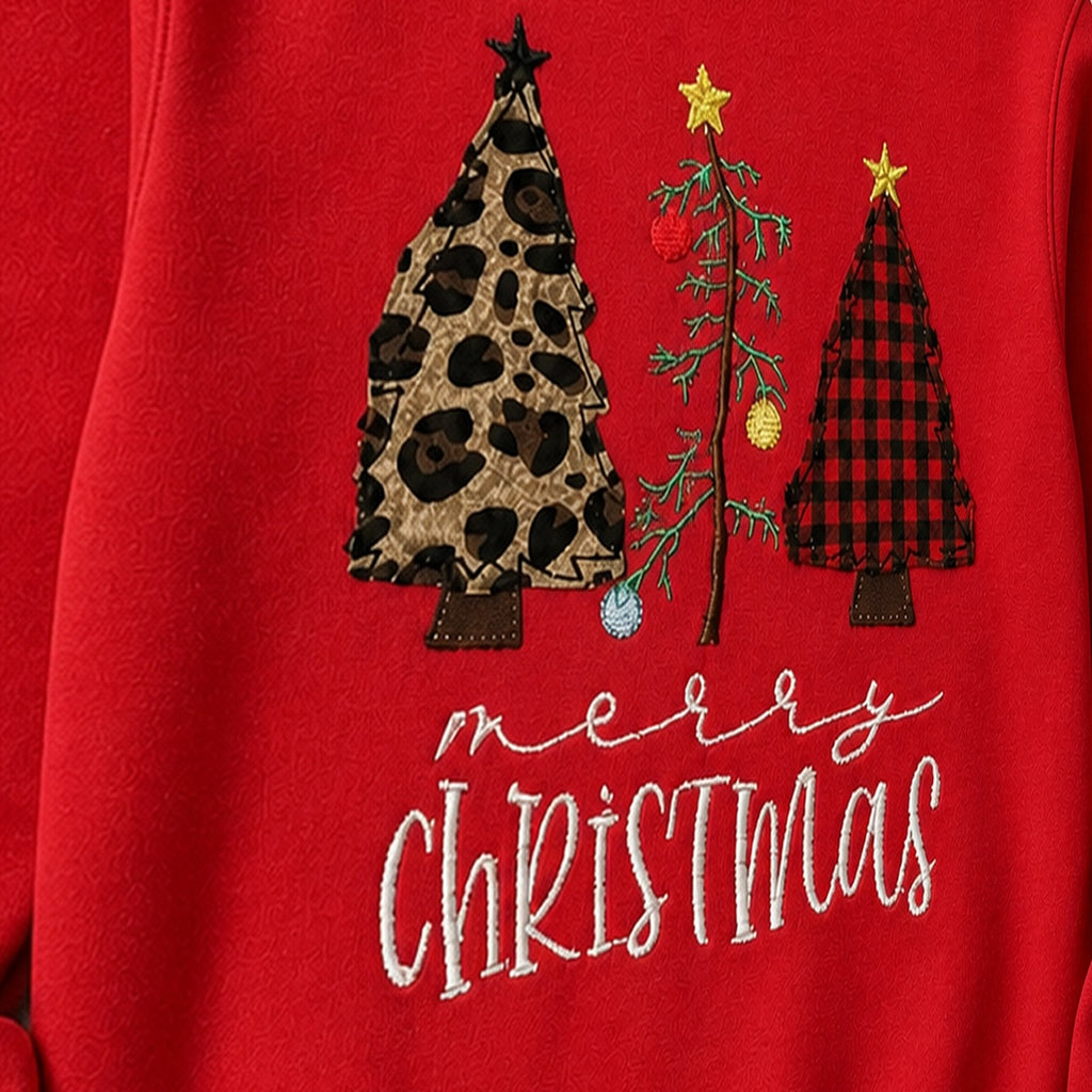 three christmas trees crewneck embroidery close-up