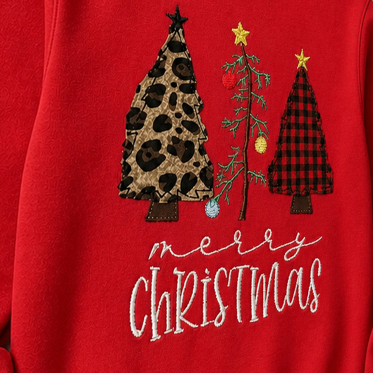 three christmas trees crewneck embroidery close-up