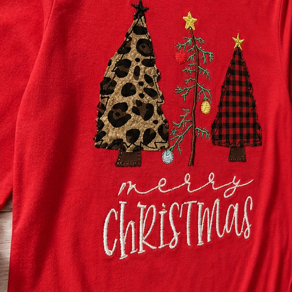 three christmas trees long sleeve embroidery close-up