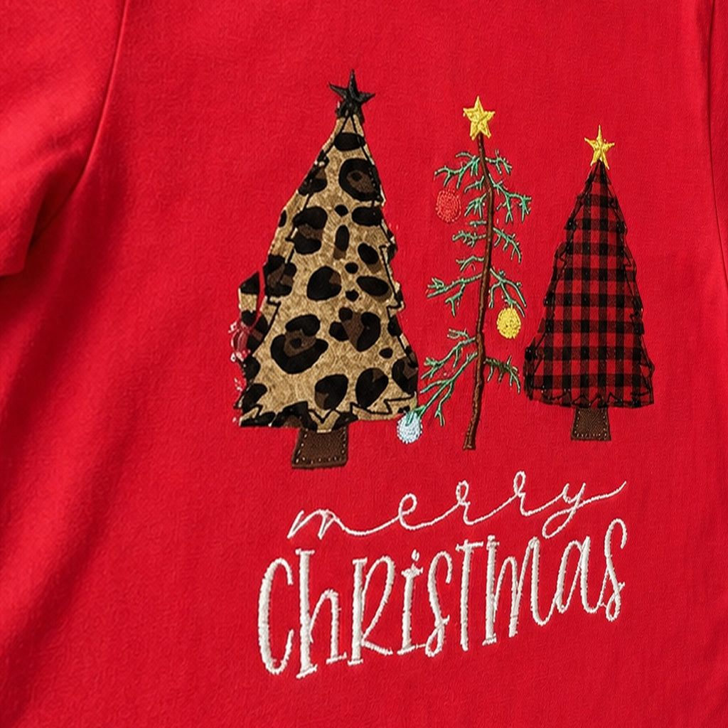 three christmas trees short sleeve embroidery close-up