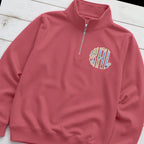 Custom pastel stripe chest monogram quarter zip pullover folded flat lay