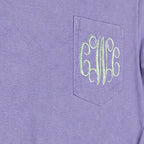 Close-up of the embroidered design on a custom vine monogram long sleeve pocket tee