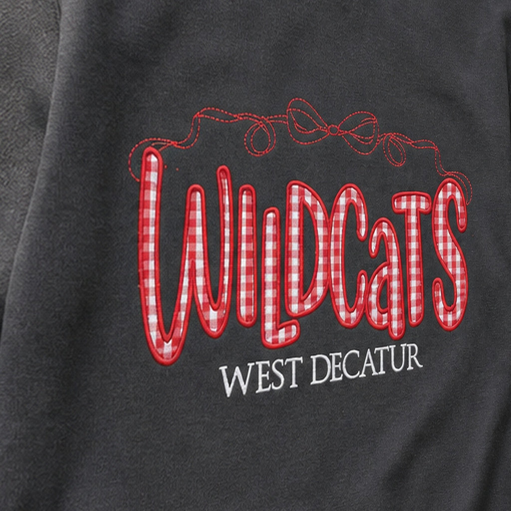 wildcats west decatur gingham crewneck embroidery close-up
