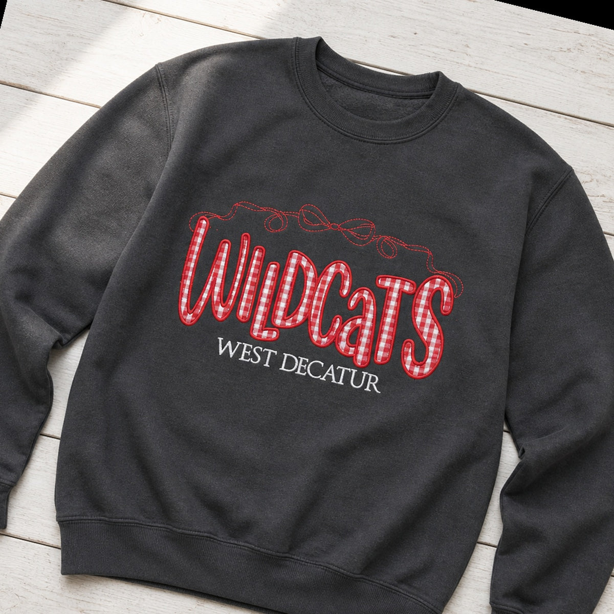 wildcats west decatur gingham crewneck styled flat lay