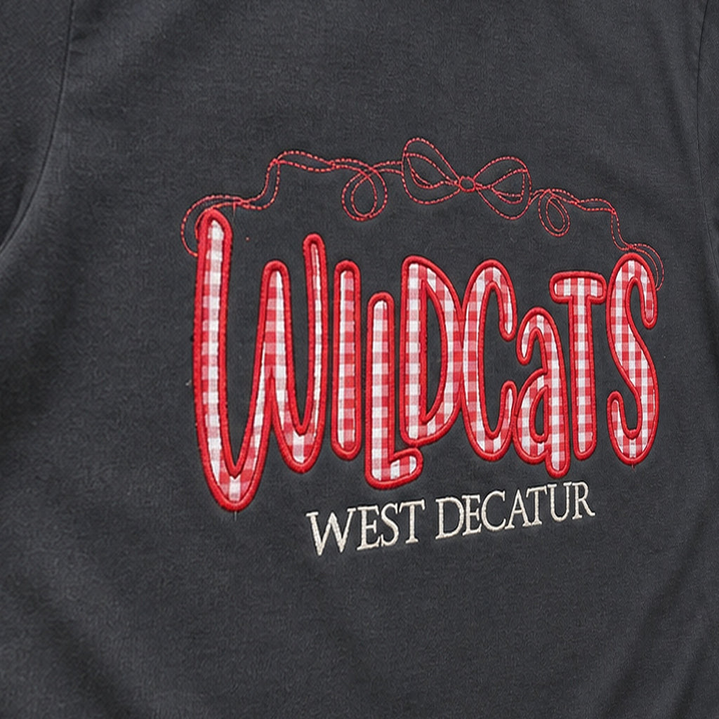 wildcats west decatur gingham short sleeve embroidery close-up
