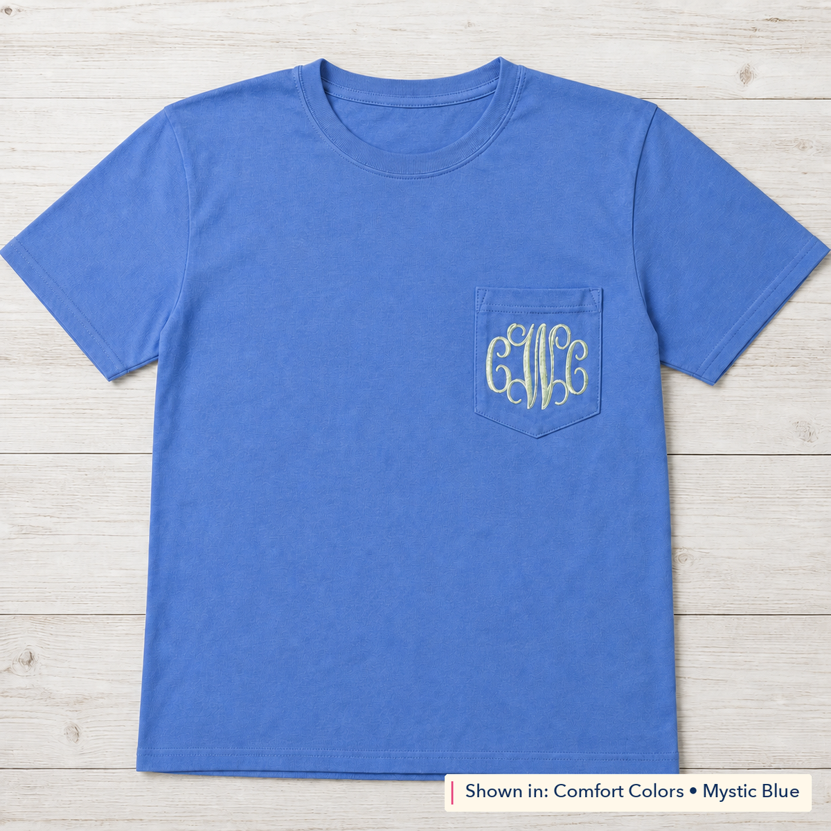Vine Monogram Short-Sleeve Pocket Tee. Shown in: Comfort Colors • Mystic Blue.