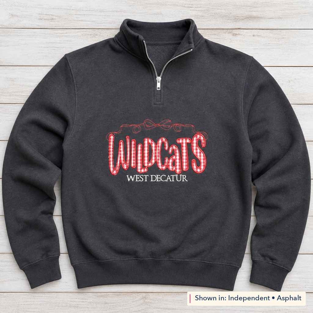Gingham Wildcats & Bow Quarter-Zip. Shown in: Independent • Asphalt.