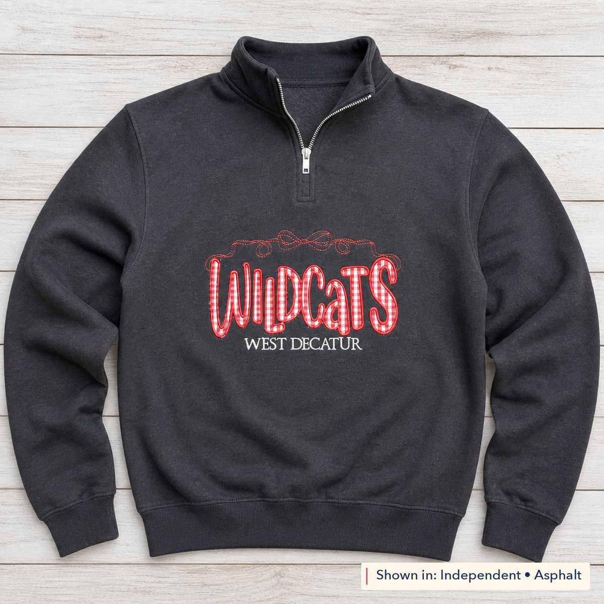 Gingham Wildcats & Bow Quarter-Zip. Shown in: Independent • Asphalt.