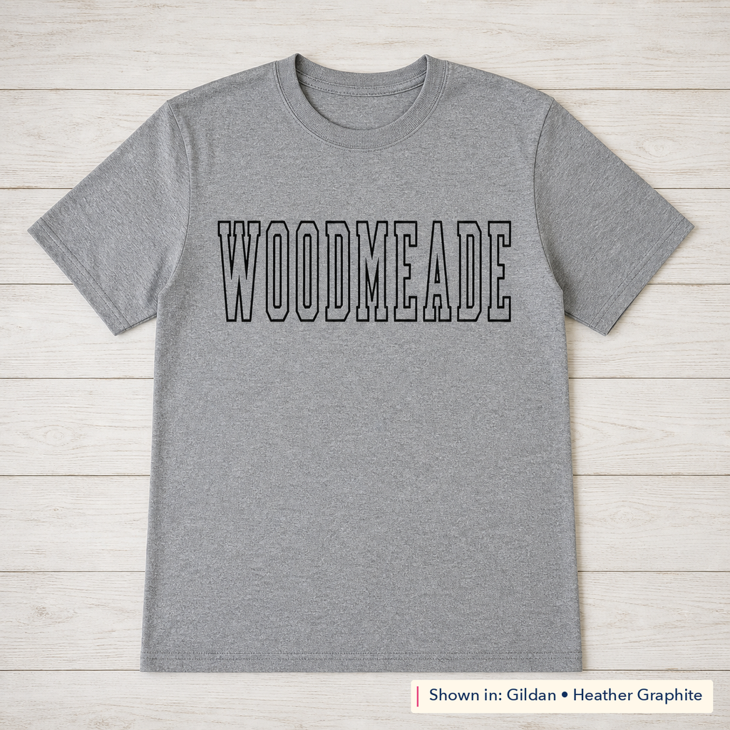 Tall Outline School Lettering Tee. Shown in: Gildan • Heather Graphite.