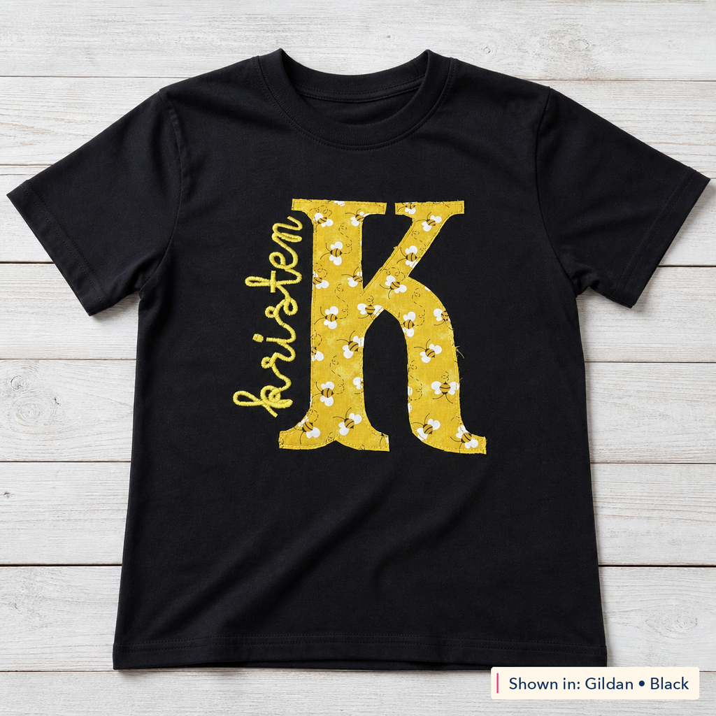 Bee Print Initial & Name Tee. Shown in: Gildan • Black.